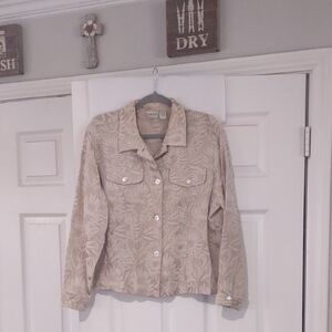 Chico's Size 2 Rayon/Silk Denim Style Jacket Taupe/Cream Floral Embroidery